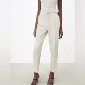 ZARA Pants with Fabric-Covered Belt in Ecru, Size M NWT